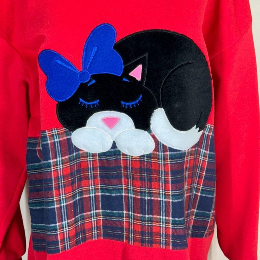 Polar Bear Wear Red Fleece Cat Applique Plaid Vintage Nightgown One Size Cozy - Picture 5 of 10